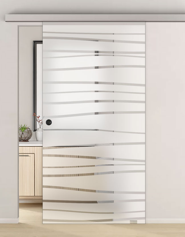 Porte coulissante vitr&eacute;e motif bandes progressif